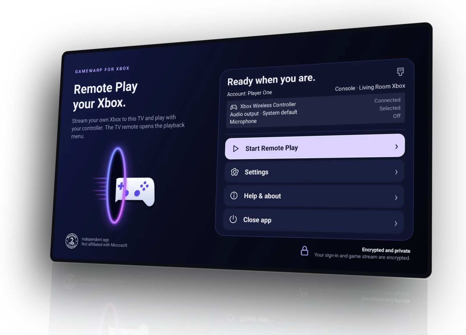 GameWarp's home screen on a TV