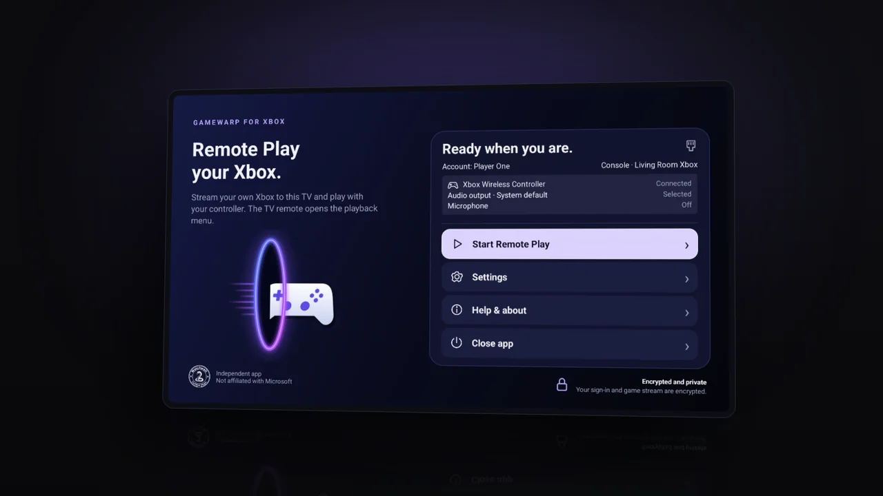 GameWarp's home screen on a TV